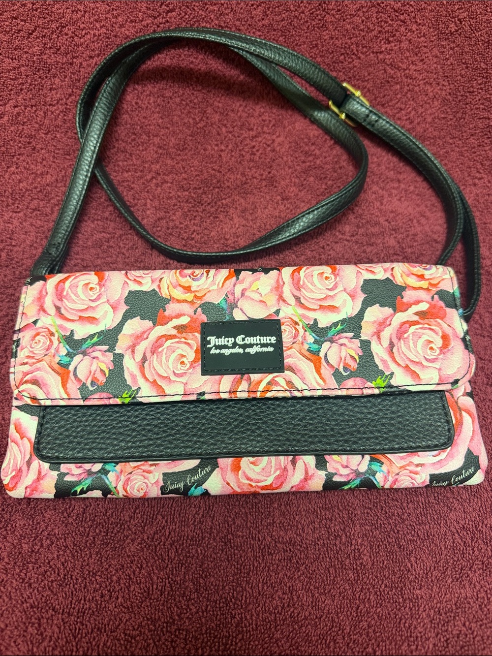 Juicy Couture Pink Rose Print Crossbody with Black Trim